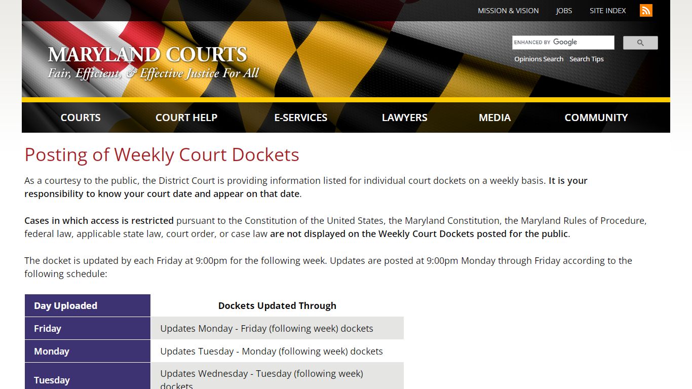 Posting of Weekly Court Dockets | Maryland Courts