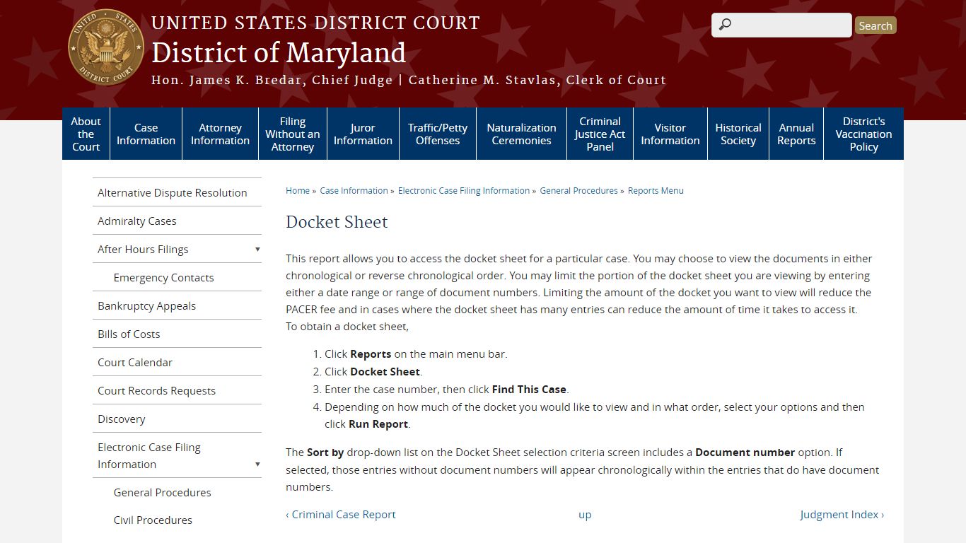 Docket Sheet | District of Maryland | United States District Court